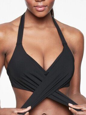 Athleta Wrap Halter Bikini Top 34B/C Black Adjustable Swim Bra Cup Support